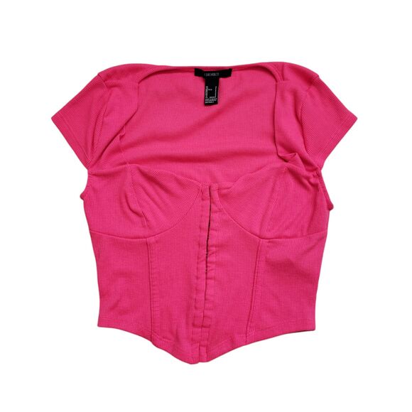 Forever 21 Sweetheart Corset Crop Top Womens Small Pink Rib Knit Hook Eye NWOT - Picture 9 of 11